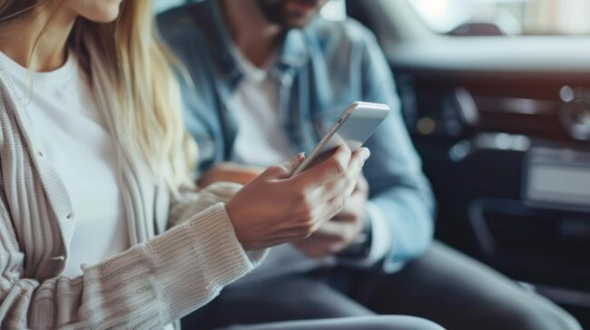 Un couple comparant des devis sur smartphone