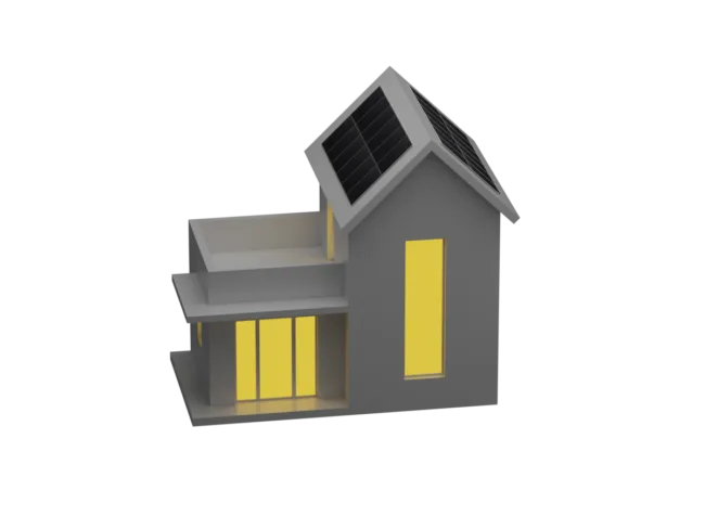 Visuel 3D d'une maison équipée de panneaux solaires photovoltaïques. La lumière de la maison fonctionne grâce aux panneaux