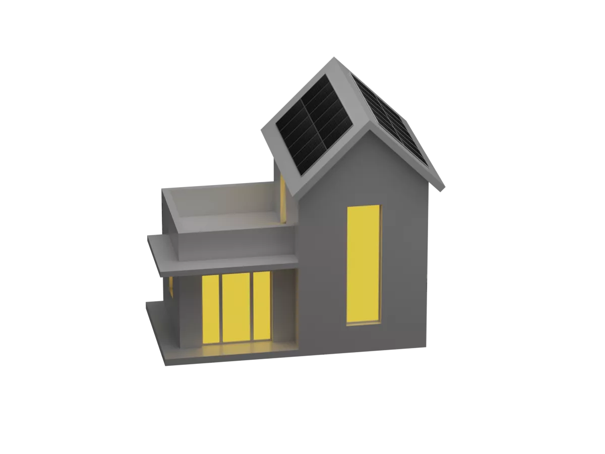 Visuel 3D d'une maison équipée de panneaux solaires photovoltaïques. La lumière de la maison fonctionne grâce aux panneaux