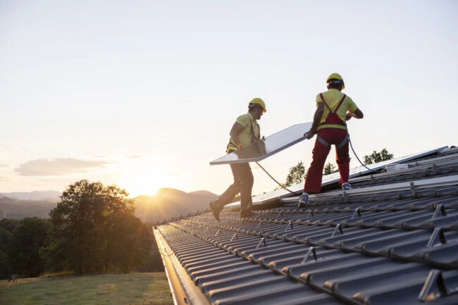 Vue de techniciens installant des panneaux solaires photovoltaïques en autoconsommation sur un toit de maison