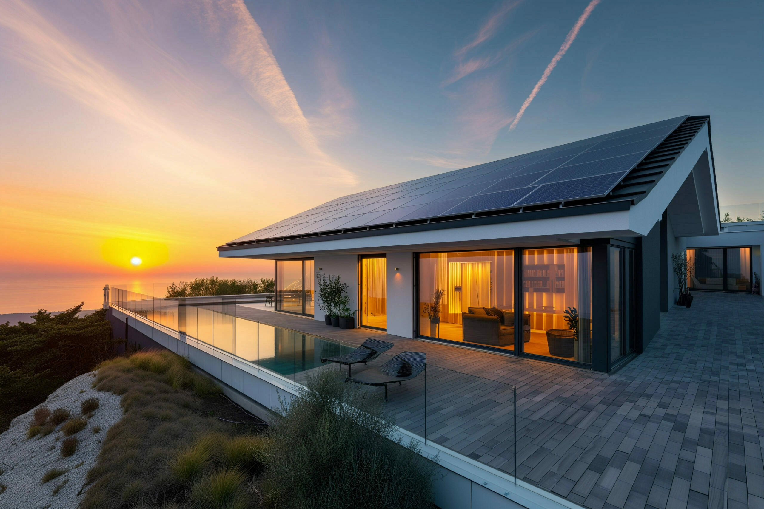 Panneaux solaires sur le toit d'une maison moderne à l'aube, grand angle