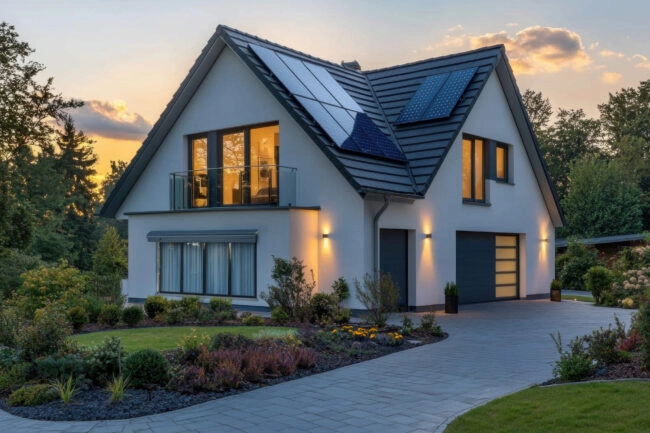 Maison avec des panneaux solaires fullblack, installation solaire de 3 kWc