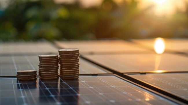 Pièces de monnaie sur un panneau solaire - rentabilité d'une installation solaire
