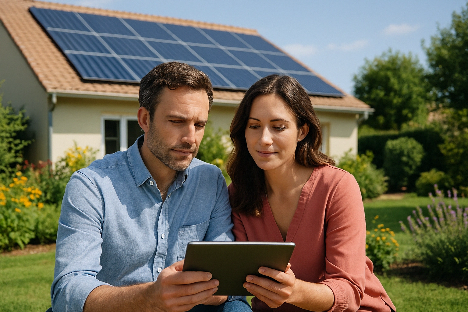Visuel d'un couple qui s'informe sur les nouvelles règlementations du photovoltaïque en 2025.