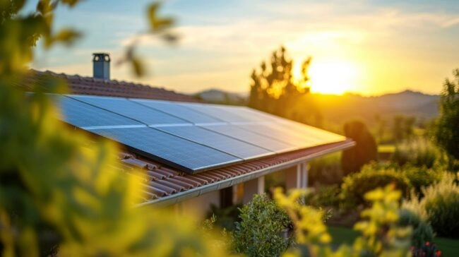 panneaux solaires sur maison, coucher de soleil