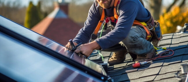 A worker installs solar panels on the roof of a house, Side view.