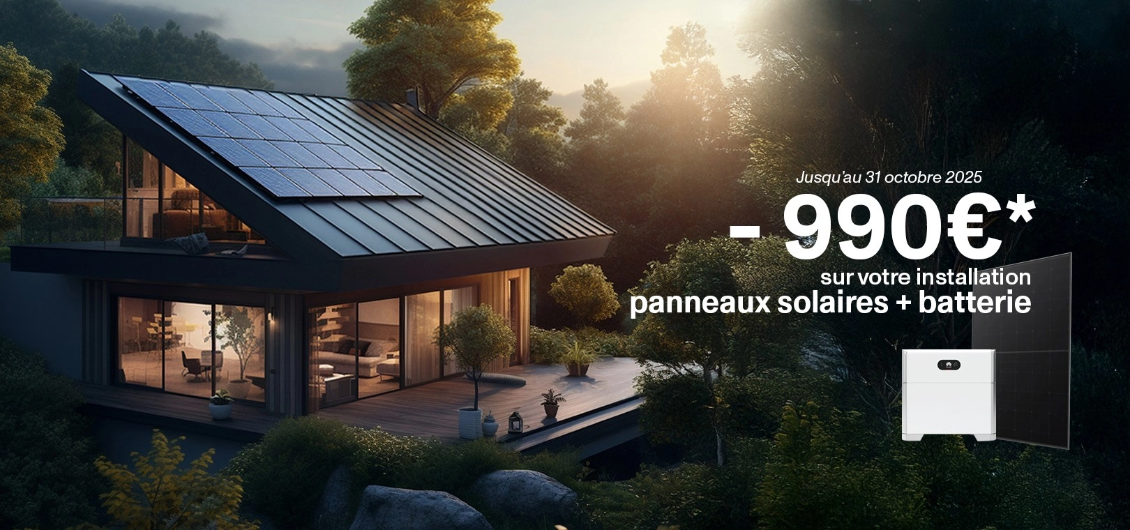 visuel de campagne promotionnelle offre panneau solaire + batterie remise -990€