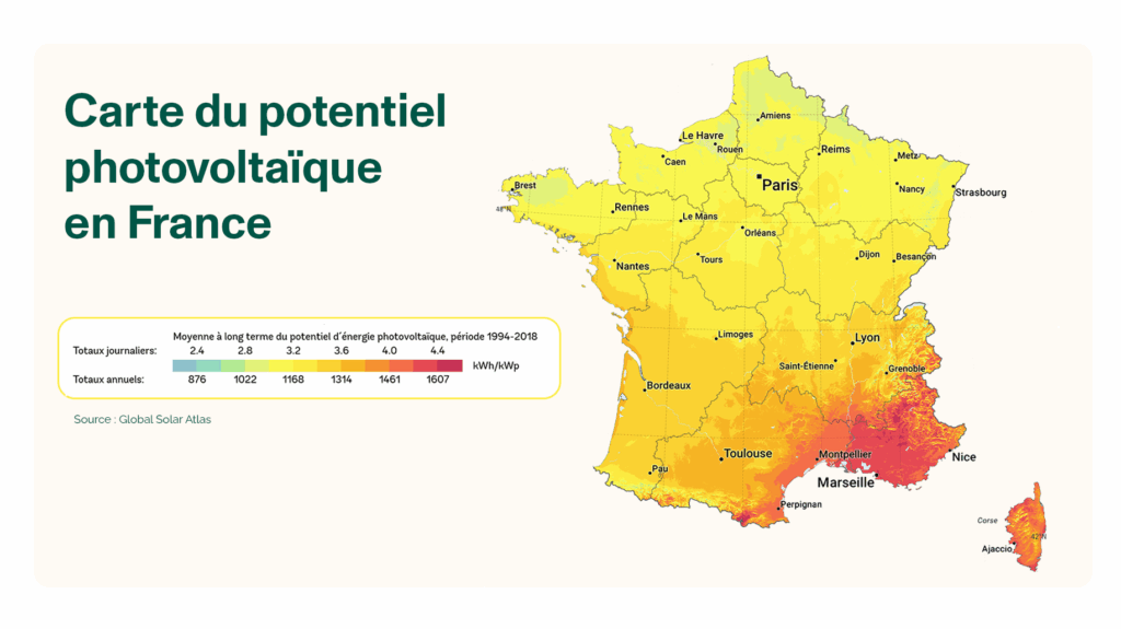 Carte du potentiel photovoltaïque en France Carte du potentiel photovoltaïque en France